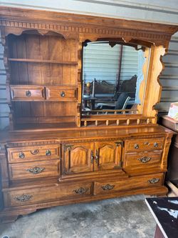 Vintage Wood Dresser with Mirror and bed