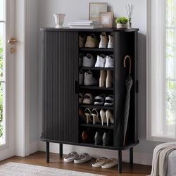 6-Tier Shoe Cabinet with Sliding Door, Wooden Shoe Storage Cabinet with Adjustable Shelves, Mid-Century Modern Freestanding Shoe Storage Organizer for