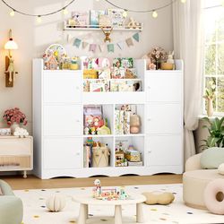 Toy Shelf and Toy Storage, 55" Large Kids Bookshelf Toy Organizers and Storage with 10 Cubbies and 4 Tier Shelf, Toy Organizer and Chest with Raised-E