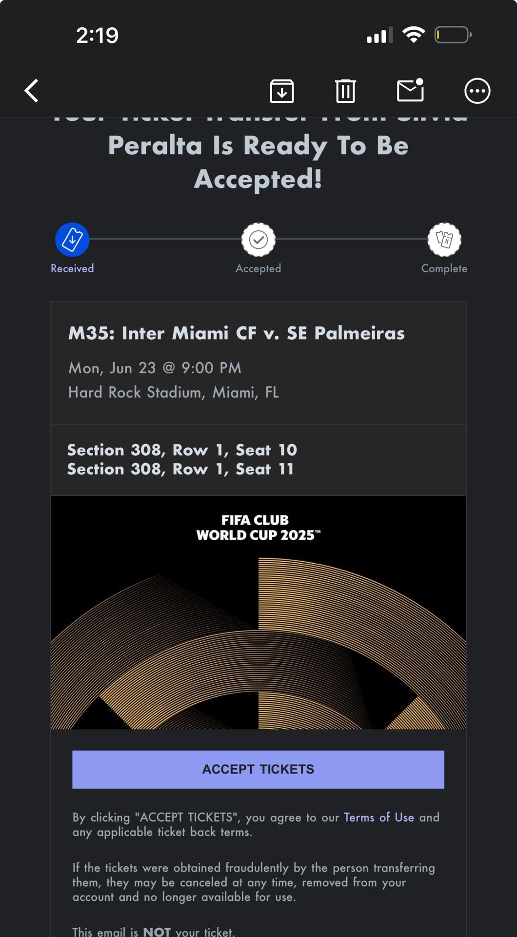 2 Tickets Inter Miami Vs Palmeiras