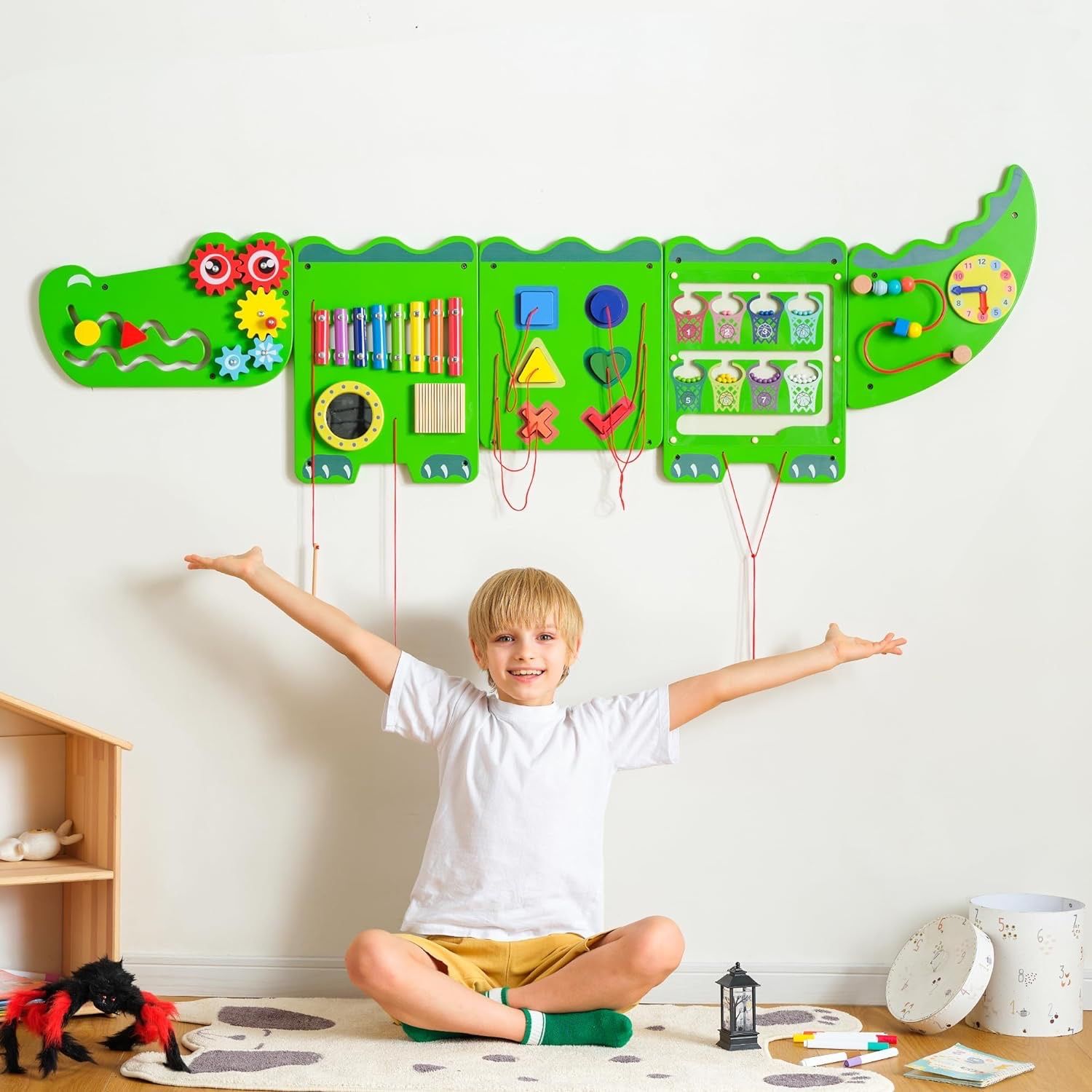 Crocodile Sensory Toys Activity Wall Panels, Educational Montessori Busy Board for Toddlers, Activity Cube - Sensory Wall, Wooden Learning Toys, Inter