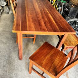 Dining table with a bench and three chairs.
