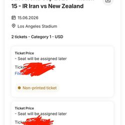 2 Tickets Iran New Zealand Cat 1