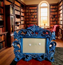 ornate blue baroque picture frame featuring heavy rococo or French provincial 8"×10"