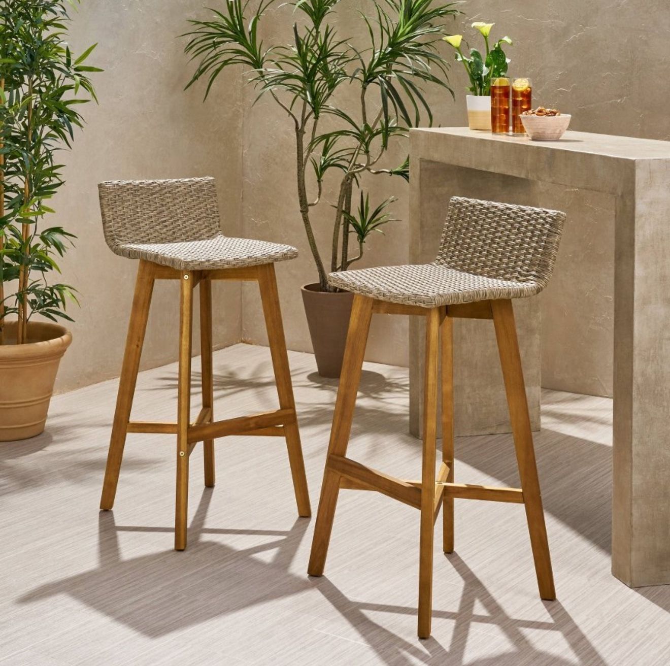 2pk La Brea Acacia Wood & Wicker PatioBarstools Brown / Teak - Christopher Knight Home