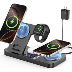 6 in 1 Charging Station,30W Wireless Charger with Clock & 7-Color Night Light,Dual Phone Charger for iPhone 16/Samsung Galaxy,for AirPods for Apple Wa