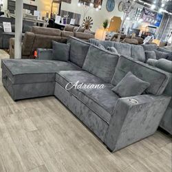 NEW 2-Pc Corduroy Sectional Sofa With Storage, Pullout Bed, And USB Port 