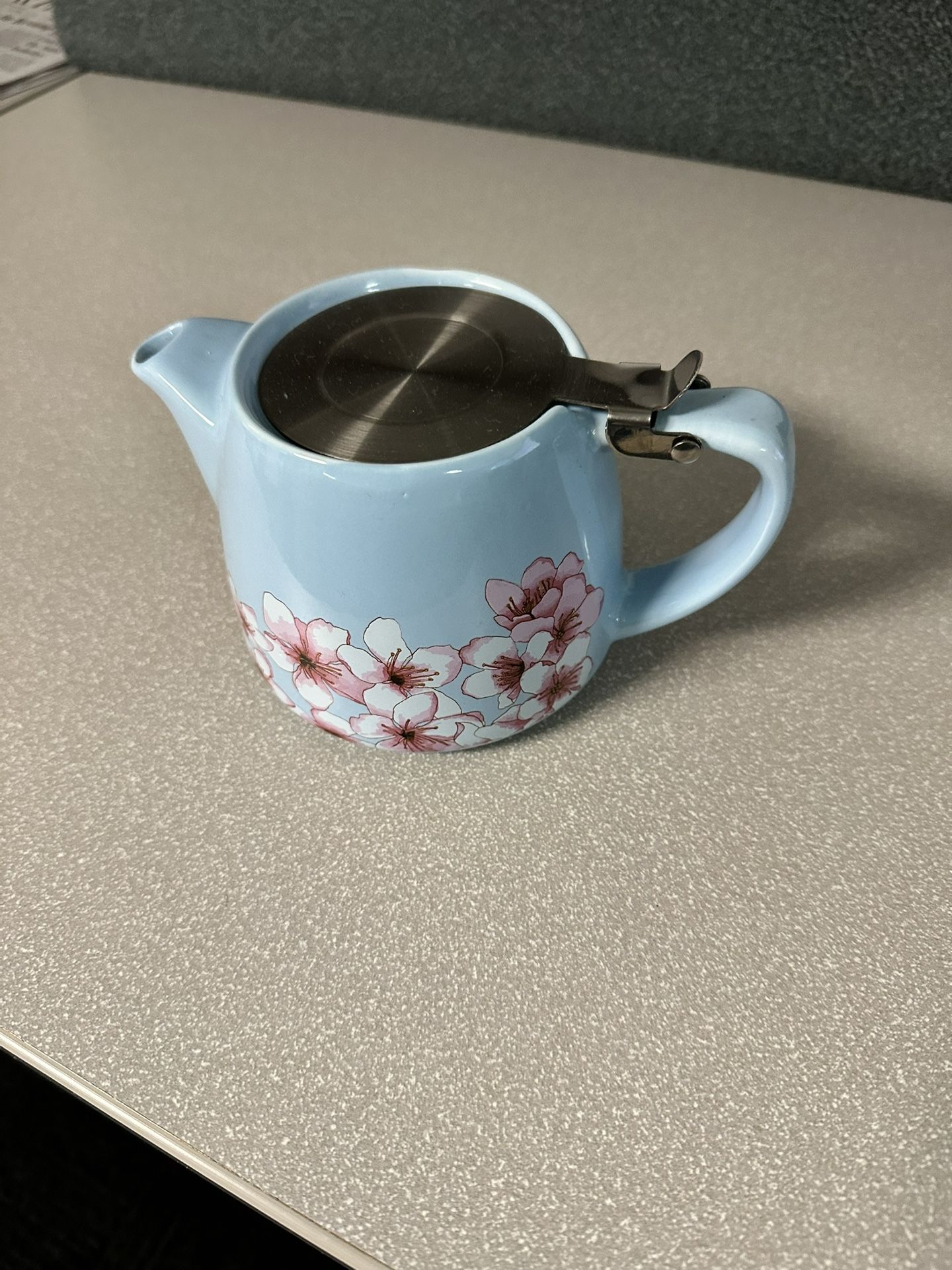 Alfred Ceramic & Stainless Steel Teapot 20 oz Capacity Blue W Cherry Blossoms