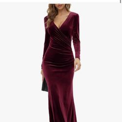 Women's Maxi Dresses Fall Long Sleeve Bodycon Wrap Sexy Deep V Neck Velvet Ruched Tight Elegant Mermaid Dress Red 