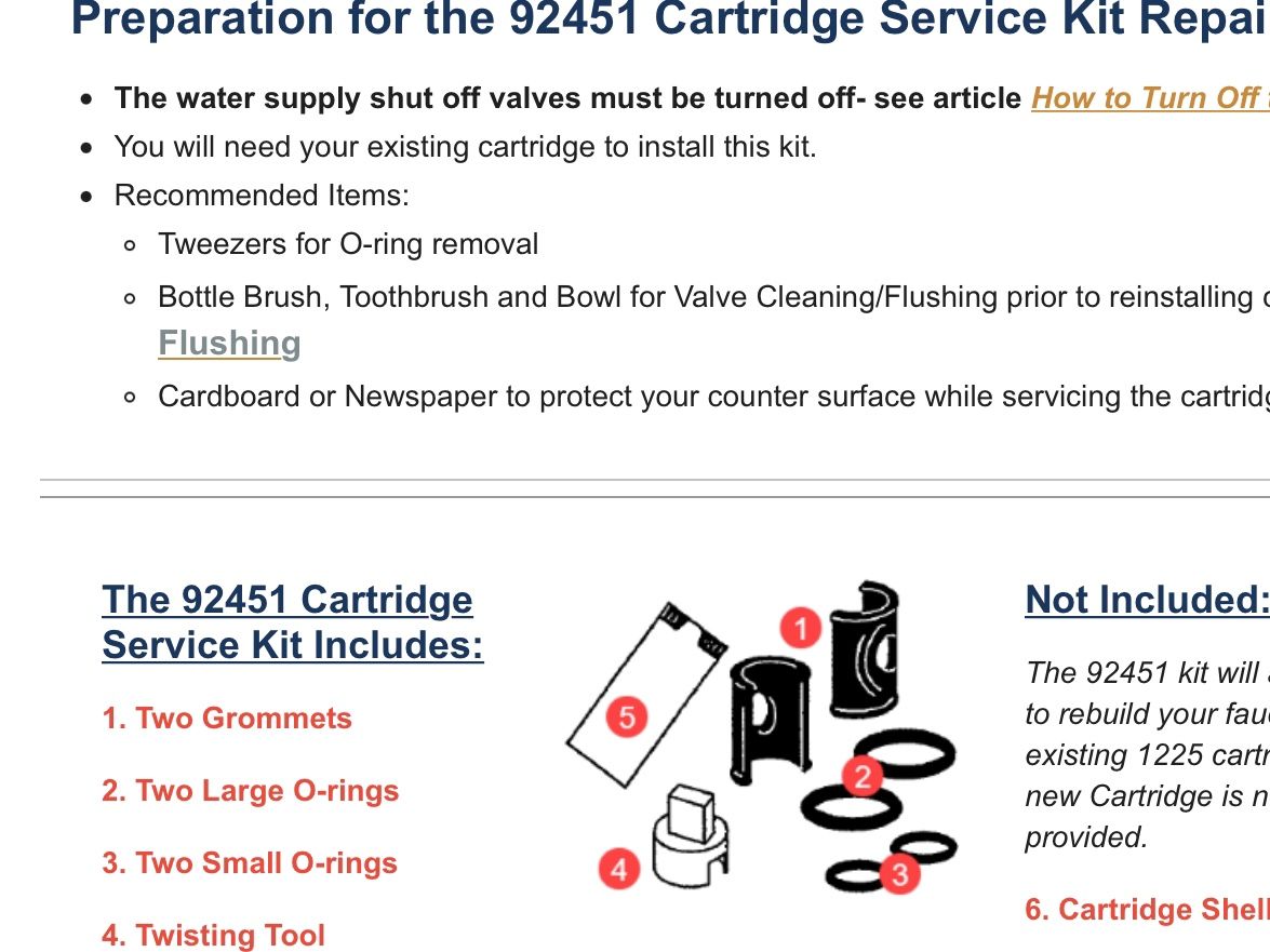 Moen Repair Kit 92451 Cartridge 1225 Model $10 Repair Kit for 92450 and 1225