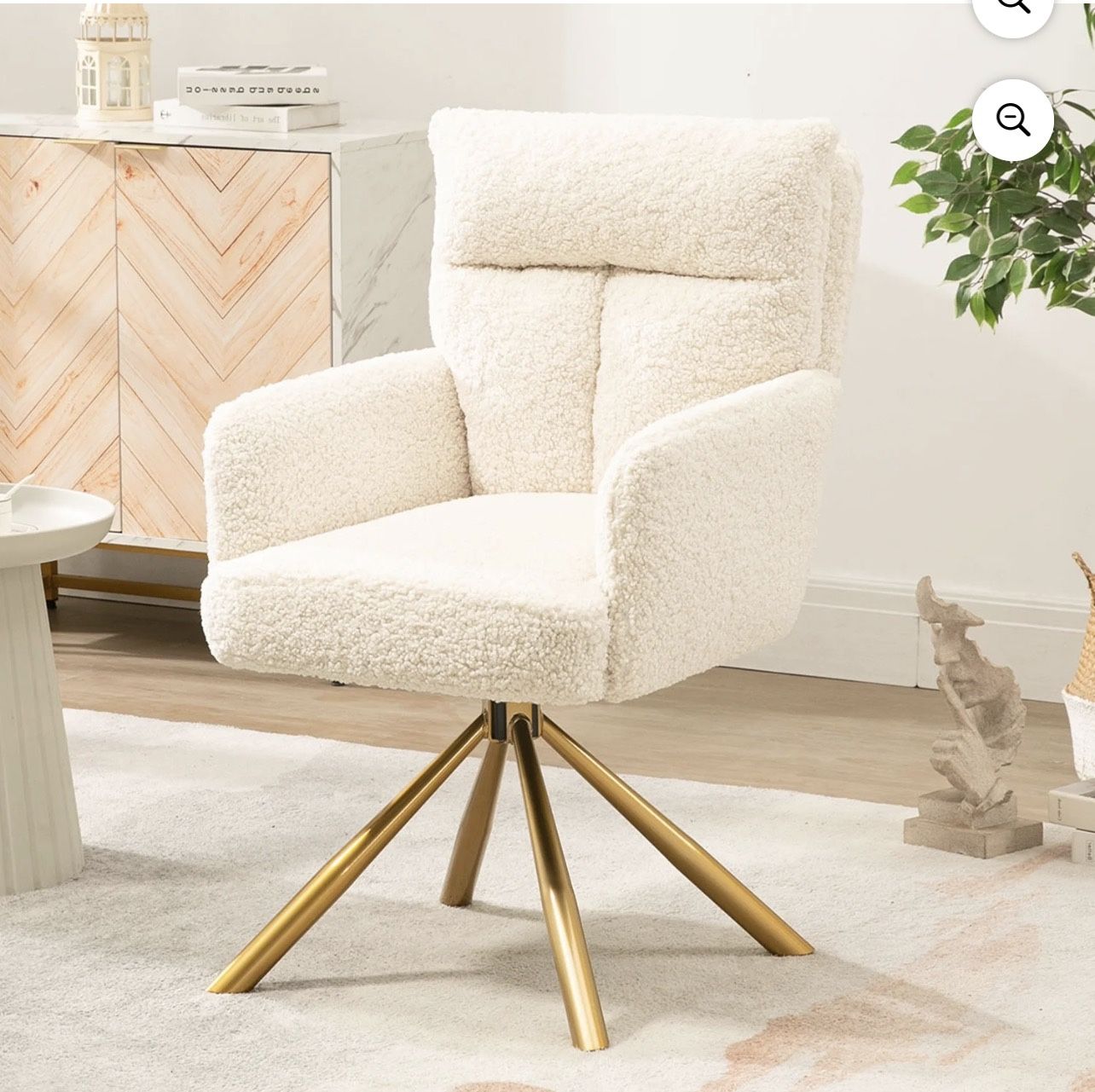 Teddy Office Desk Chair No Wheels, Modern Vanity Chair with Gold Legs, Boucle Accent Chair, Wide Seat Computer Task Reading Armchair for Home Office (