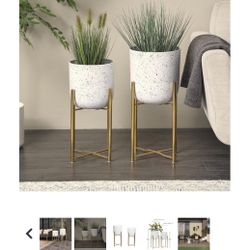 WHITE METAL DEEP DOME SPECKLED INDOOR OUTDOOR PLANTER WITH REMOVABLE STAND, SET OF 2 22", 19"'H