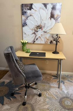 Nice Desk and Gray Velvet Chair
