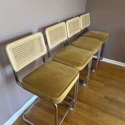 Yellow Velvet Rattan Counter Stools Set Of 4