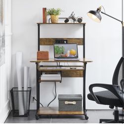 3 Tiers Rolling Computer Desk on Wheels with Charging Station and Keyboard Tray, Mobile Home Office Desk PC Laptop Workstation with Power Outlet and U