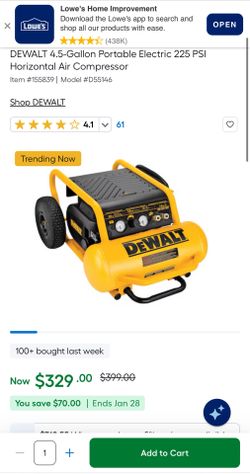 DEWALT Air Compressor, 225-PSI Max, Hand Carry with Wheels, 4-1/2 Gallon (D55146)