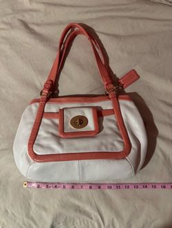 White & coral pink Coach leather satchel