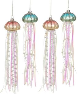 4pcs Glass Jellyfish Decorative Hanging Ornaments, Glass Pearl Jellyfish Pendant Hanging Ornament Beaded and Ribbons