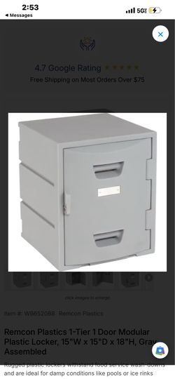Remcon Plastics 1-Tier 1 Door Modular Plastic Locker, 15"W x 15"D x 18"H, Gray, Assembled