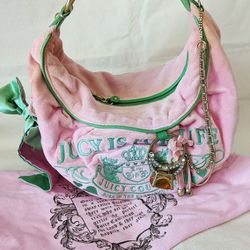 Juicy Couture 2007 Y2K Rare Vintage Light Pink Green Velour Hobo Shoulder Bag Handbag (With Original Dust Bag)