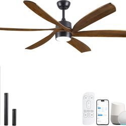60 Inch Smart Ceiling Fan with Light, Works with Alexa/App/Remote, Rustic Farmhouse Outdoor Fans, High CFM Quiet Reversible DC Motor, 6 Brown Solid Wo