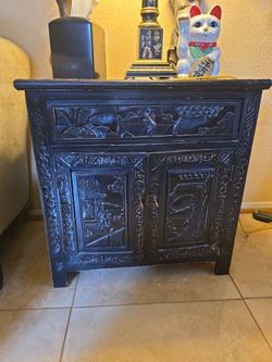 Black Carved Wood Asian Cabinet