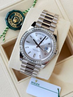 Rolex Day Date White Gold w/ Silver Baguette Dial & Diamonds Bezel