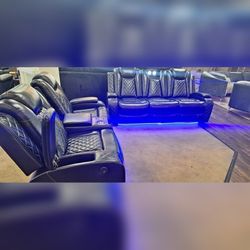 2PC Power recliners Black breathing leather sofa set with LED