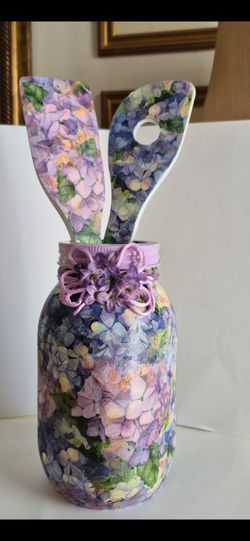 Hand designed Floral hydrangeas Decoupage Jar