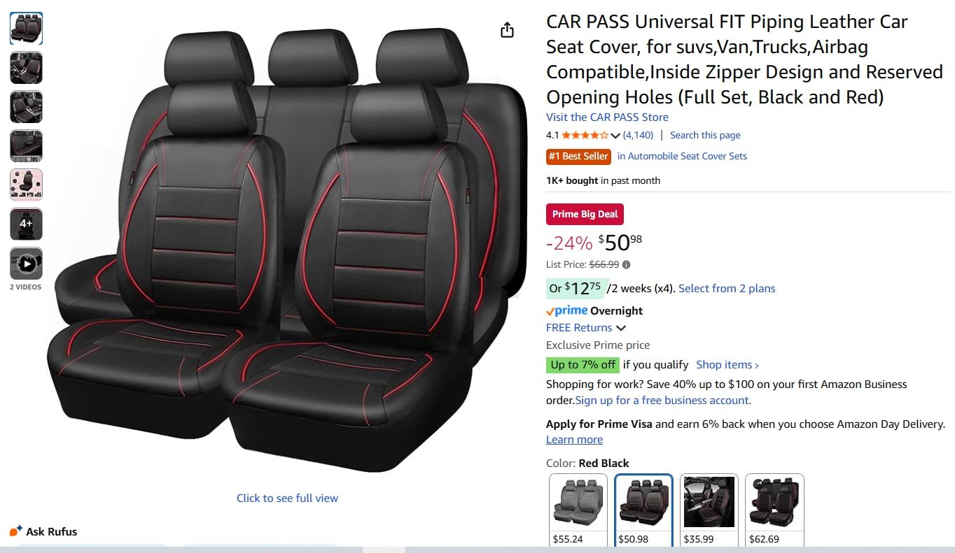 NIB. CAR PASS Universal FIT Piping Leather Car Seat Cover