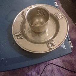 Antique Silver Saucer And Tea Cup With Teddy Bears