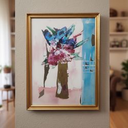 Jan King Signed Abstract Floral Mixed Media Watercolor w/ Gold Leaf – Framed 