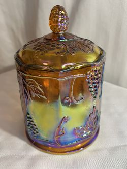 Vintage Indiana Glass Marigold Iridescent Carnival Harvest Grapes Candy Dish Lid