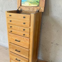 Tall Skinny Dresser Red Oak Wood Jewelry Chest Flip Back Vanity Storage 