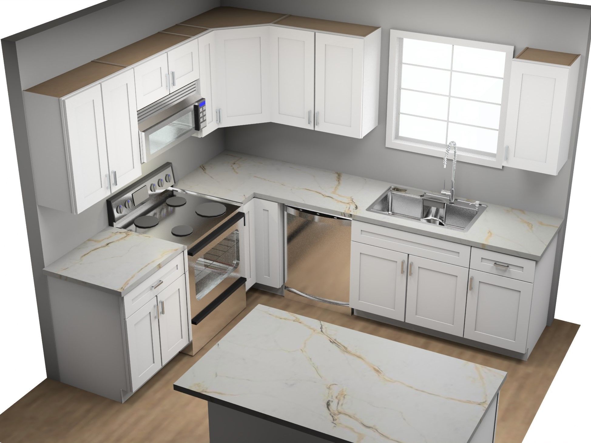 White shaker kitchen cabinets with Island
