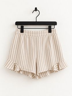 Striped Ruffle Hem Linen Like Shorts Beige + White Size M