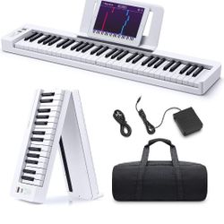 Donner 61-Key Folding Bluetooth Keyboard Piano for Beginners, Portable with Music Rest, Bag, Pedal, and App - White

