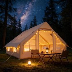 8-10 Person Inflatable Camping Tent with Stove Jack, Waterproof Inflatable Tent with Pump, 2 Doors, 4 Windows & Mesh Ventilation for Outdoor Camping