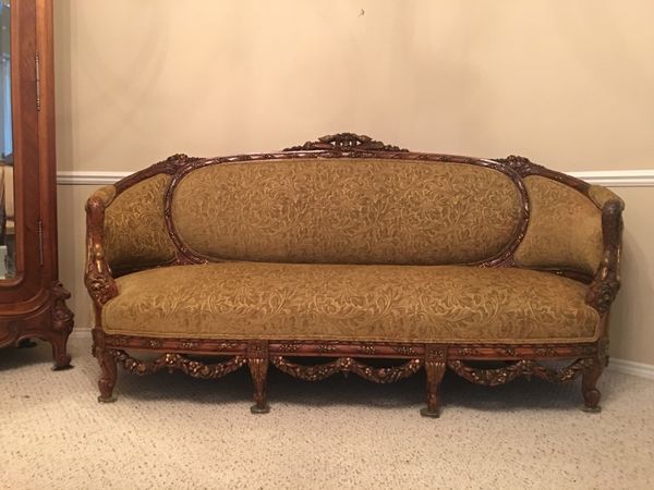 Unique Rare Find Antique Sofa Set Of Early 1900 S French Style Unique Rare Find Antique Sofa Set Of Early 1900 S French Style Gold Green Shade Damask Upholstery Both Front And Back The Chair