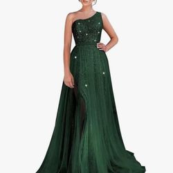 sparkly green prom dress size 8 w leg slit, sequins, tulle, a line, one shoulder neckline 