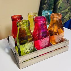 6 Beautiful Colored Glass Dairy Milk Bottles With Tray.. 6” Inches Tall