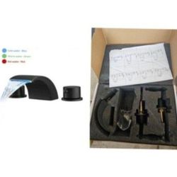 BWE 8 in. Widespread Waterfall Double Handle Three Holes Bathroom Faucet With Led Light in Matte Black