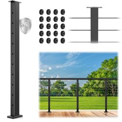 36" Cable Railing Post, Fixed Top Level Drilled Line Post with Cable Grommets, Stainless Steel Black Powder Coated Finish Handrail Post, Heavy-Duty Wi
