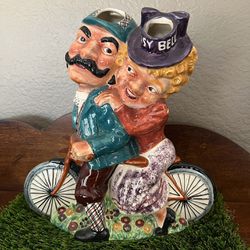 Vintage Staffordshire Genuine Daisy Bell Man & Woman On Bike Double Vase 1930's