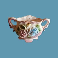 Vintage 2 Handle Floral Rose Ceramic Vase 