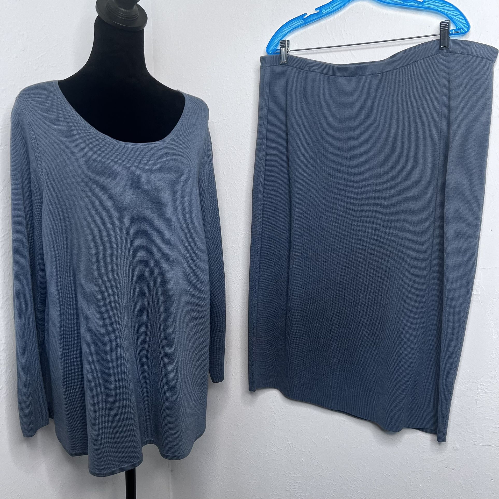 Eileen Fisher Set Blue Women's Skirt 2X  and Sweater 1X Silk And Cotton Organic 