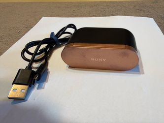 Pre-owned Sony WF-1000XM3 wireless noise-canceling earbuds in black and copper. This set includes the original charging case and a USB-C charging cabl