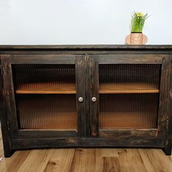 Rustic Dark Brown Oak Long Dresser TV Television Entertainment Media Console Stand Shelves Frosted Glass Cabinets