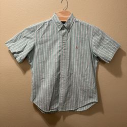 Men’s Large Vintage Ralph Lauren Mint Green White Striped Button Up Shirt