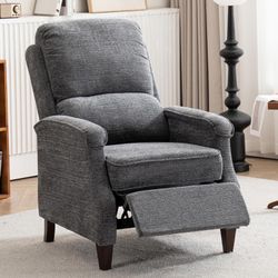 Upholstered reclining chair with push-in backrest. Home theater seat, adjustable modern fabric recliner, padded backrest, sofa for living room